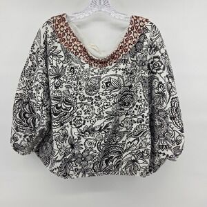 Anthropologie Paisley Floral Balloon Sleeve Top Small White Black Boho Eclectic